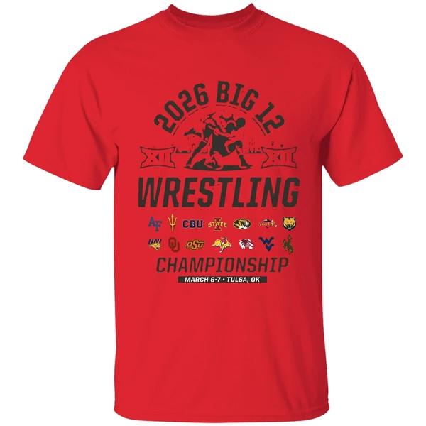 2026 big 12 wrestling championship march 6 7 2026 tulsa oklahoma all team logo shirt red