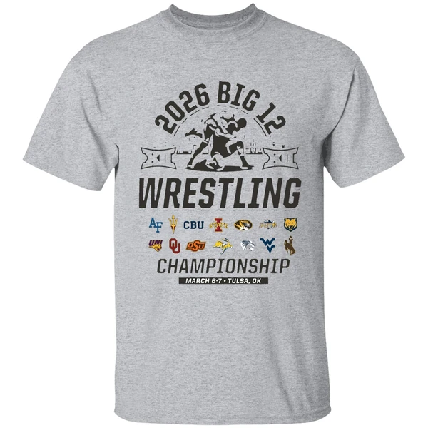 2026 big 12 wrestling championship march 6 7 2026 tulsa oklahoma all team logo shirt sportgrey