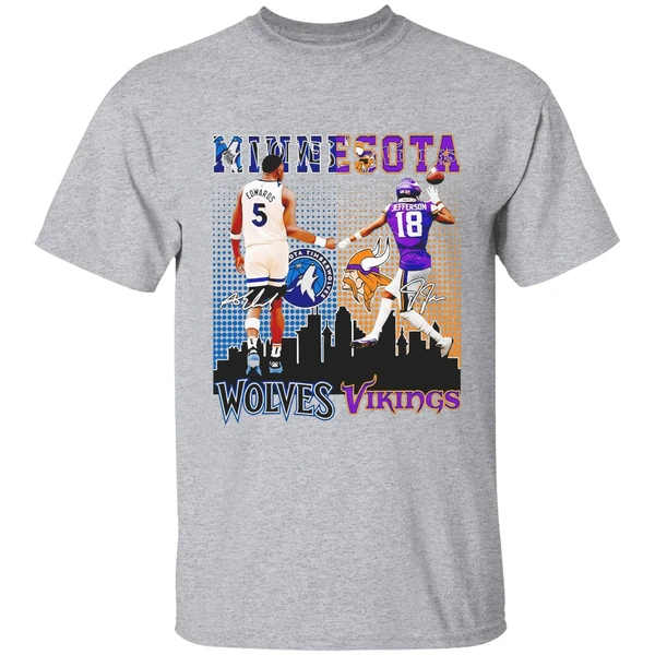Anthony Edwards Timberwolves Justin Jefferson Vikings Minnesota Skyline Shirt - Image 6