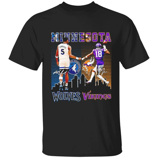 Anthony Edwards Timberwolves Justin Jefferson Vikings Minnesota Skyline Shirt - Image 7