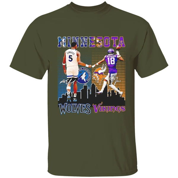 Anthony Edwards Timberwolves Justin Jefferson Vikings Minnesota Skyline Shirt - Image 9