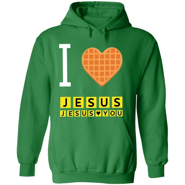 Bryce Crawford Wearing I Love Jesus Jesus Loves You Waffle House Hoodie - Image 2
