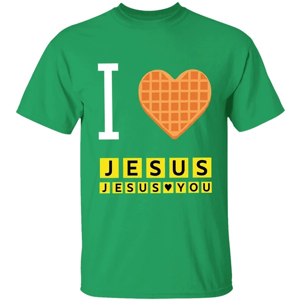 Bryce Crawford Wearing I Love Jesus Jesus Loves You Waffle House Shirt - Image 2