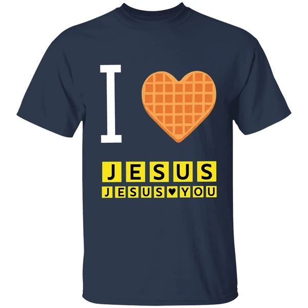 Bryce Crawford Wearing I Love Jesus Jesus Loves You Waffle House Shirt - Image 5