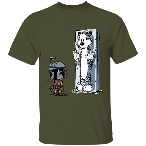 calvin and hobbes boba fett and han solo frozen in carbonite shirt militarygreen