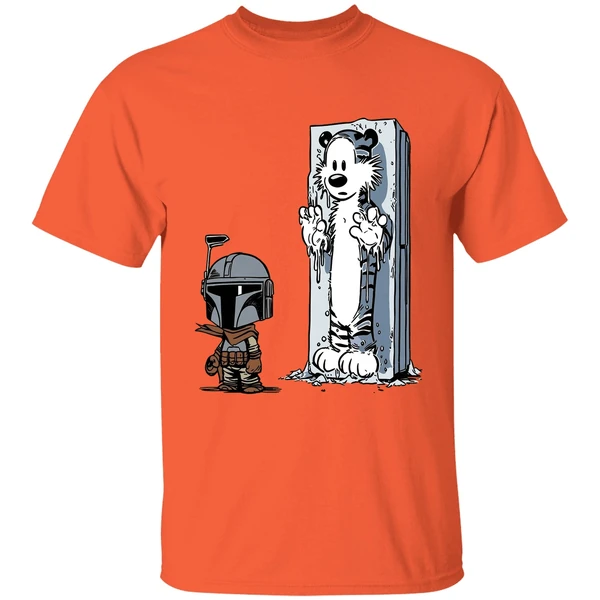 calvin and hobbes boba fett and han solo frozen in carbonite shirt orange