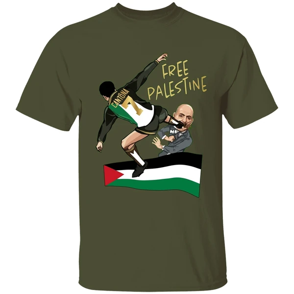 cantona free palestine kung fu kick netanyahu shirt militarygreen