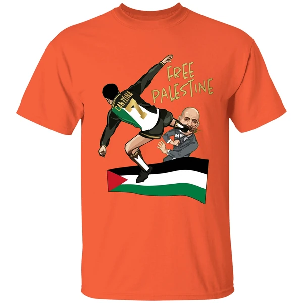 cantona free palestine kung fu kick netanyahu shirt orange