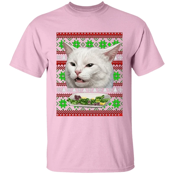 cat woman yelling at cat christmas shirt lightpink