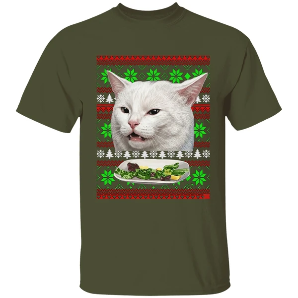 cat woman yelling at cat christmas shirt militarygreen