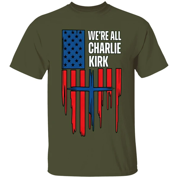 Charlie Kirk American Flag With Cross Were All Charlie Patriotic Human Rights Shirt - Image 3