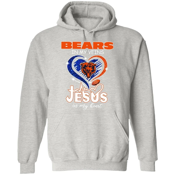 Chicago Bears In My Veins Jesus In My Heart Hoodie - Image 9