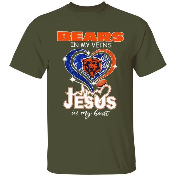 Chicago Bears In My Veins Jesus In My Heart Shirt - Image 4