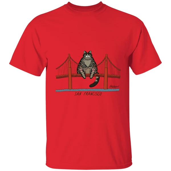 chubby cat sitting on golden gate bridge in san francisco shirt red
