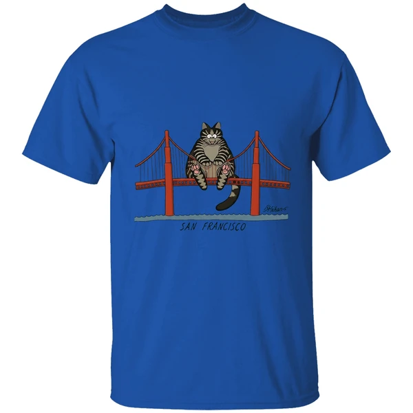 chubby cat sitting on golden gate bridge in san francisco shirt royalblue