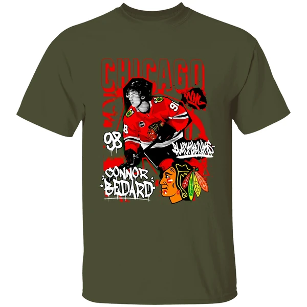 connor bedard chicago blackhawks photo reel shirt militarygreen