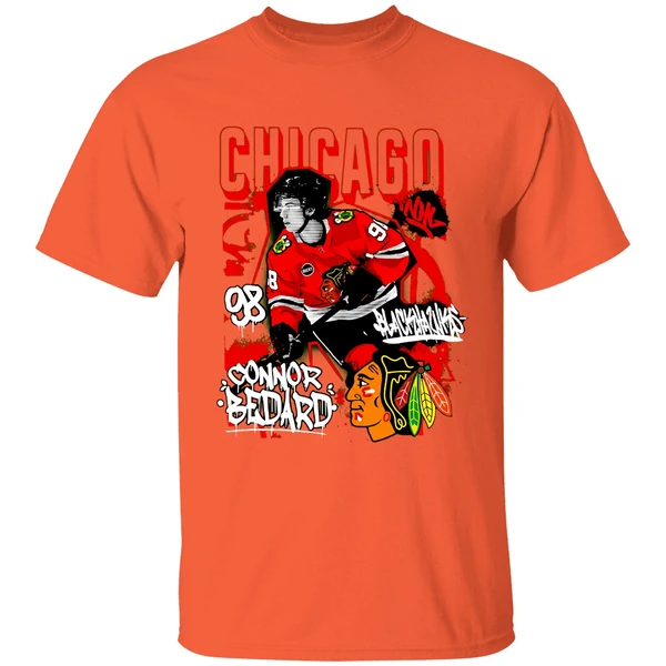 connor bedard chicago blackhawks photo reel shirt orange
