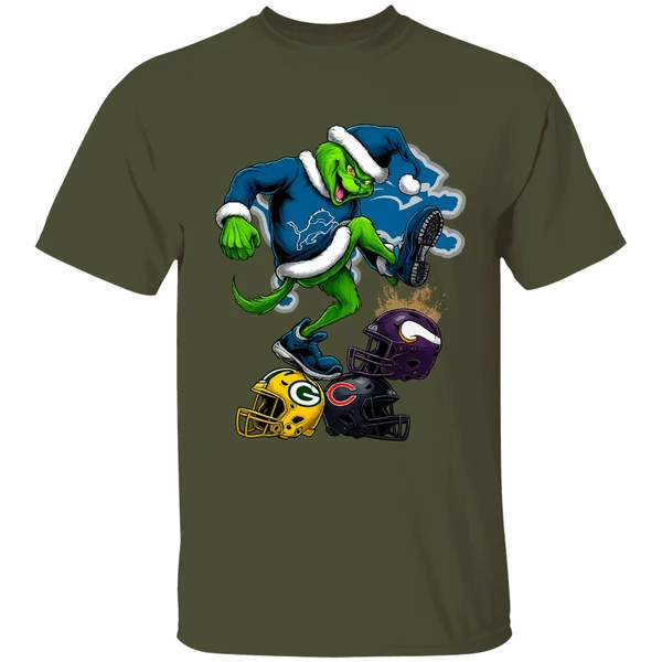 Detroit Lions Santa Grinch Stomp Nfl Helmets Funny Christmas Shirt - Image 3