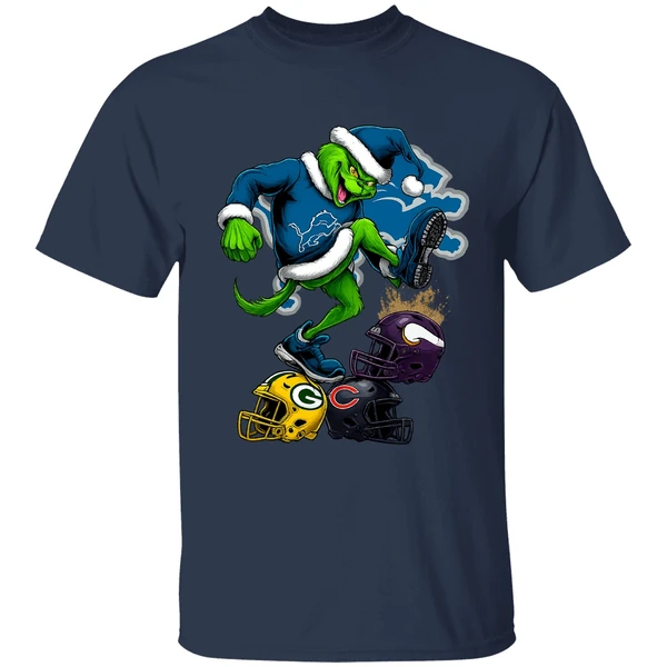 Detroit Lions Santa Grinch Stomp Nfl Helmets Funny Christmas Shirt - Image 4