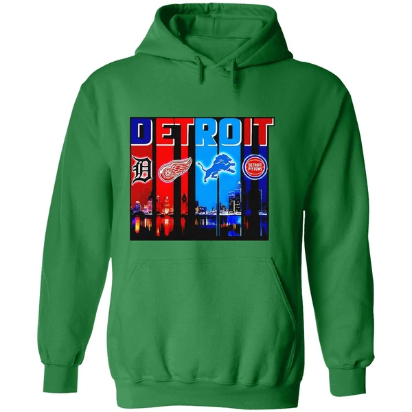 Detroit Tigers Detroit Red Wings Detroit Lions Detroit Pistons Skyline Hoodie - Image 2