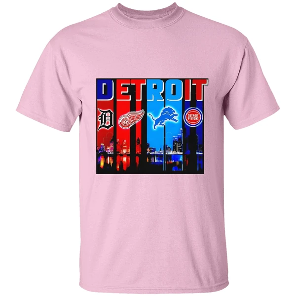 detroit tigers detroit red wings detroit lions detroit pistons skyline shirt lightpink