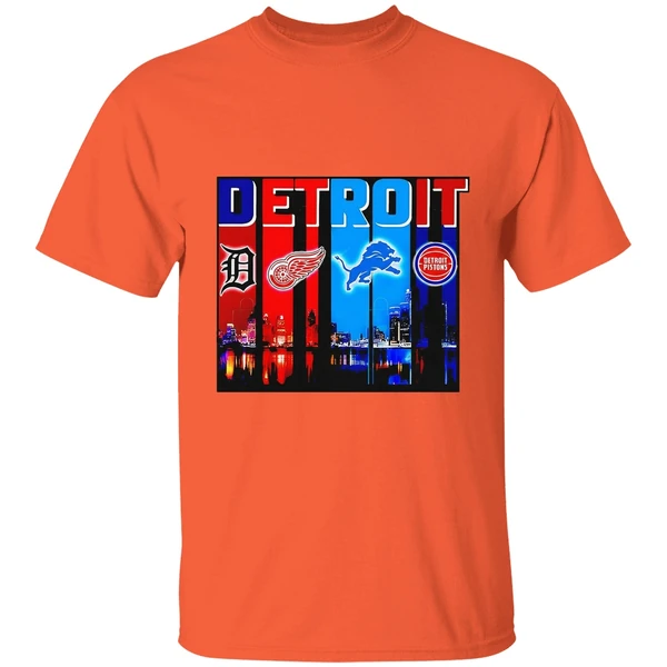 detroit tigers detroit red wings detroit lions detroit pistons skyline shirt orange