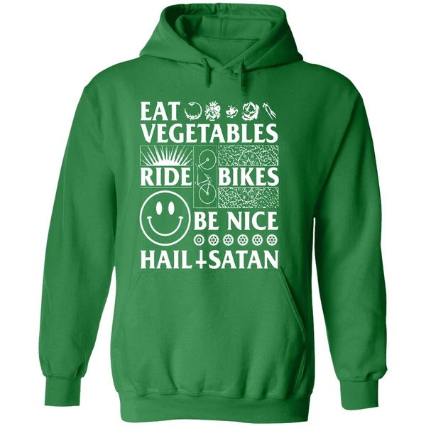 Eat Vegetables Ride Bikes Be Nice Hail Satan Hoodie - Image 2