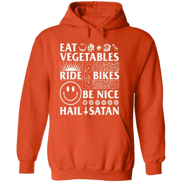 Eat Vegetables Ride Bikes Be Nice Hail Satan Hoodie - Image 6