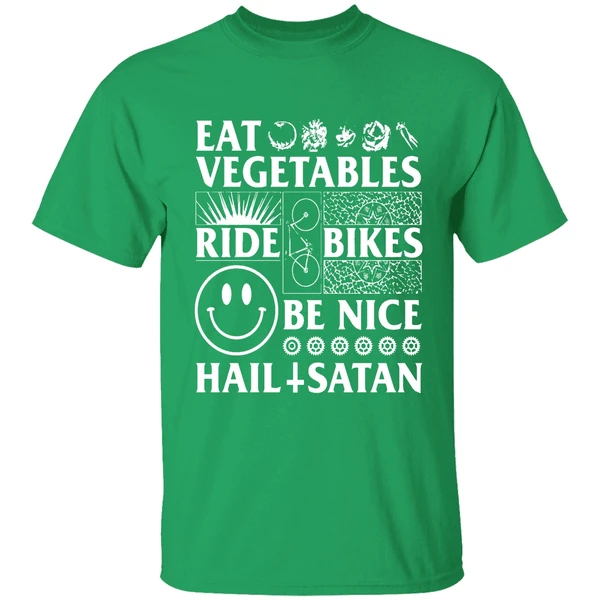 Eat Vegetables Ride Bikes Be Nice Hail Satan Shirt - Image 2