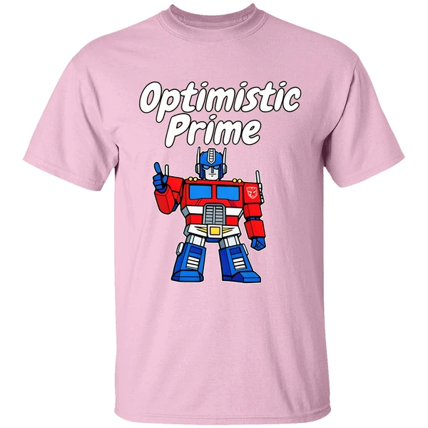 elon musk wearing optimistic prime shirt lightpink