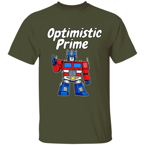 elon musk wearing optimistic prime shirt militarygreen