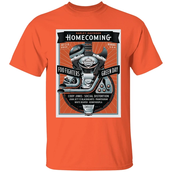 foo fighters and green day lead harley davidson homecoming festival shirt orange