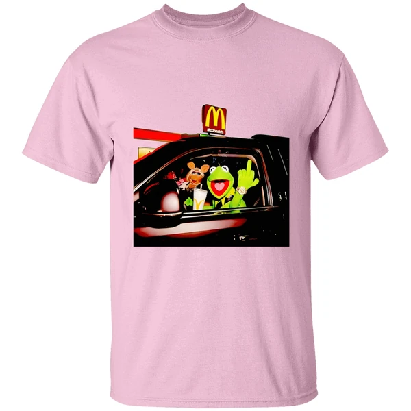 frog kermit middle finger and miss piggy riding car at mcdonalds shirt lightpink