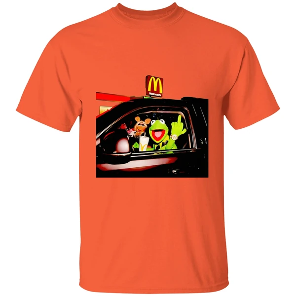 frog kermit middle finger and miss piggy riding car at mcdonalds shirt orange