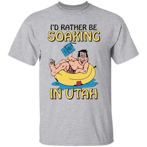hugo holding the book of mormon id rather be soaking in utah shirt sportgrey