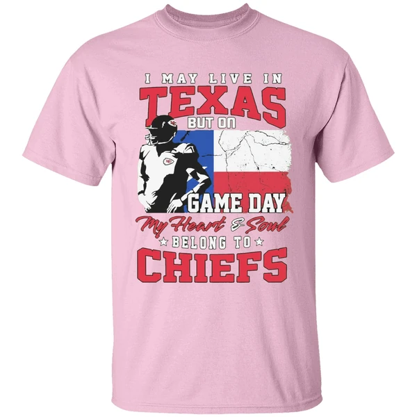 I May Live In Texas But Gameday My Heart And Soul Belong To Kansas City Chiefs Flag Shirt - Image 3