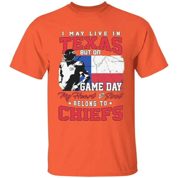I May Live In Texas But Gameday My Heart And Soul Belong To Kansas City Chiefs Flag Shirt - Image 6