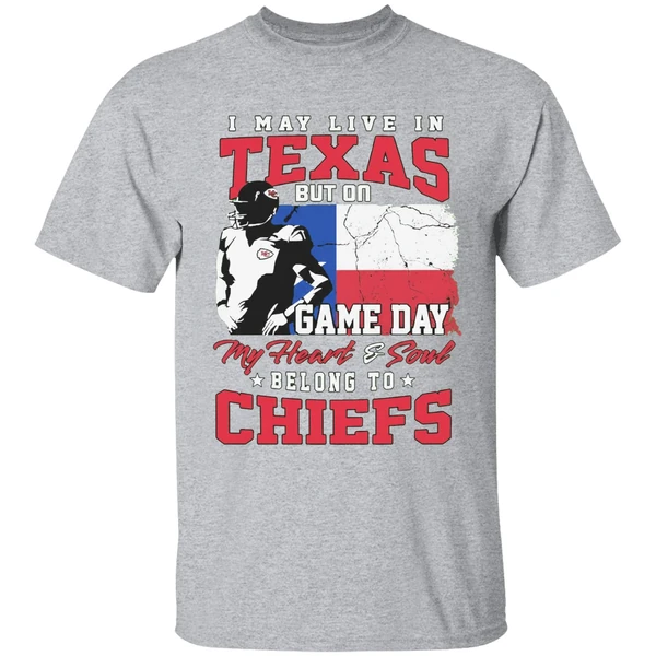 I May Live In Texas But Gameday My Heart And Soul Belong To Kansas City Chiefs Flag Shirt - Image 9