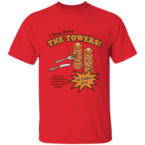 i took down the towers in under 9 11 devour two towering pancake stacks in under 9 minutes 1 1 sends shirt red