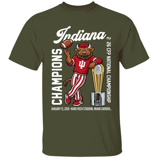 iu football cfp national champions 2026 first time mascot shirt militarygreen