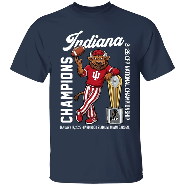 iu football cfp national champions 2026 first time mascot shirt navy