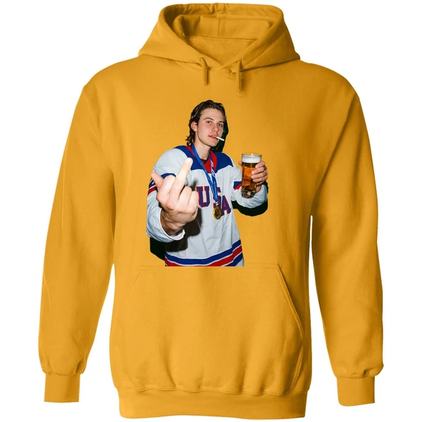 Jack Hughes Middle Finger And Beer Usa Hockey Champion Gold 2026 Hoodie