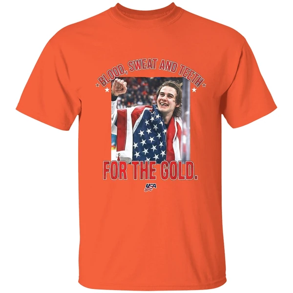 jack hughes olympic blood sweat and teeth for the gold usa hockey 2026 shirt orange