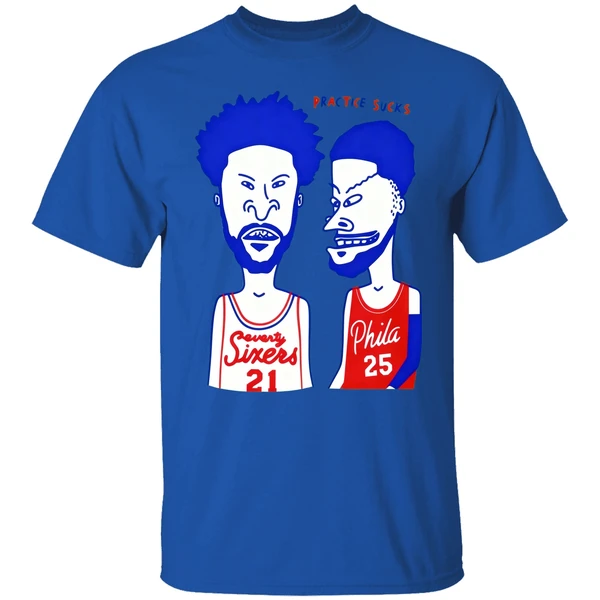 Joel Embiid And Ben Simmons Beavis And Butthead Practice Sucks Philadelphia Basketball Shirt - Image 6
