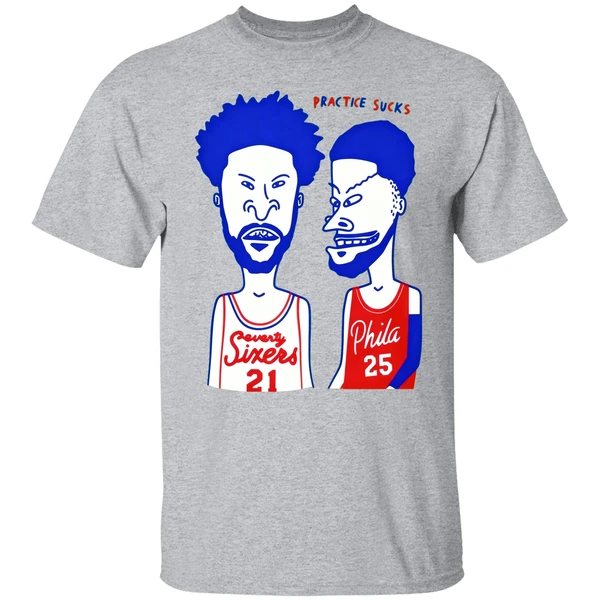 Joel Embiid And Ben Simmons Beavis And Butthead Practice Sucks Philadelphia Basketball Shirt - Image 7