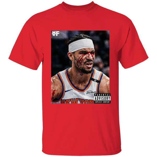 josh hart blood onto court knicks parental advisory iconic moment shirt red