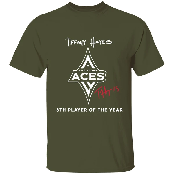 las vegas aces tiffany hayes 2024 6th player of the year signature 2 sides shirt militarygreen