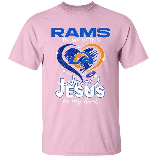 Los Angeles Rams In My Veins Jesus In My Heart Logo Shirt - Image 3