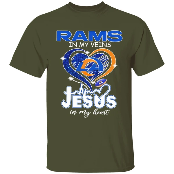 Los Angeles Rams In My Veins Jesus In My Heart Logo Shirt - Image 4
