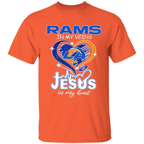 los angeles rams in my veins jesus in my heart logo shirt orange